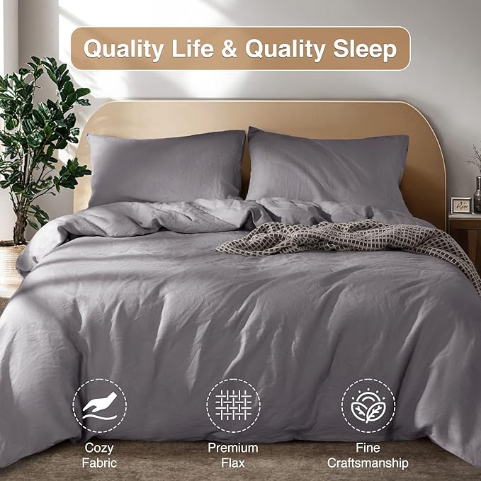 SONORO KATE 100% French Linen Duvet Cover Full Size, Soft Breathable for Hot Sleepers, Moisture Wicking & Durable Cover Set - Zipper Closure & 4 Corner Ties Duvet Covers 3 Piece (Dark Grey,Full)