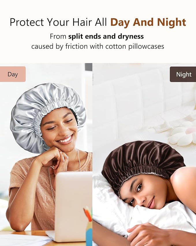 mikimini Satin Bonnet for Men and Women, Reversible Double Layer Sleeping Bonnet for Hair Braids with Anti-slip Adjustable Elastic Band Super Soft (XL, Black/silver)