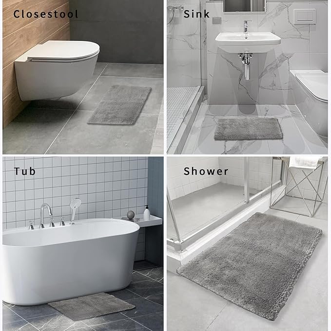 FIFU Bathroom Rugs 20" W x 32" L, Bath Mat for Bathroom, Bedroom, Laundry Room & Kitchen, Non-Slip Rubber Latex Backing, Extra Soft and Absorbent Microfiber Carpet, Machine Washable Rug, Silver Gray