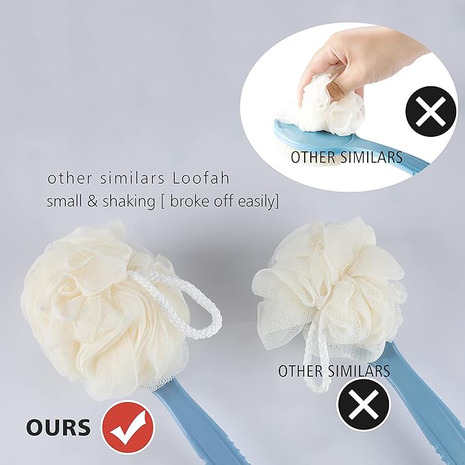 Shower Body Brush with Bristles and Loofah,Back Scrubber Bath Mesh Sponge with Curved Long Handle for Skin Exfoliating Bath, Massage Bristles Suitable for Wet or Dry, Men and Women (Black)