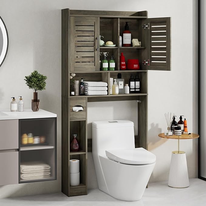 Over The Toilet Storage Cabinet, Farmhouse Storage Cabinet Over Toilet with 2 Louvered Door，Home Space-Saving Toilet Rack, for Restroom, Laundry， Bathroom