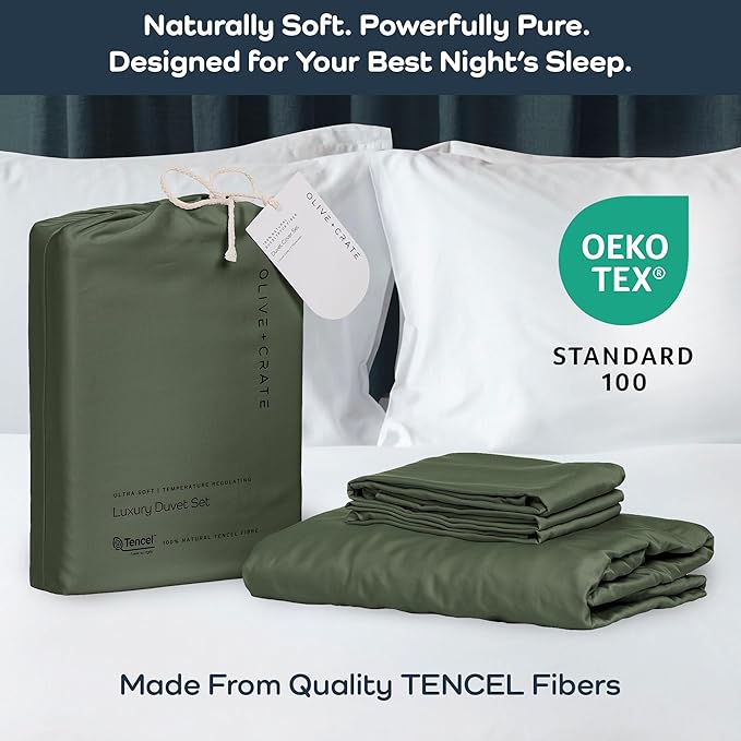 Olive + Crate Tencel Eucalyptus Cooling Duvet Cover Set - Hypoallergenic, Lyocell Tencel Duvet Cover - Soft, Temperature Regulating with Hidden Button Closure & Corner Ties - Queen Size [Moss]