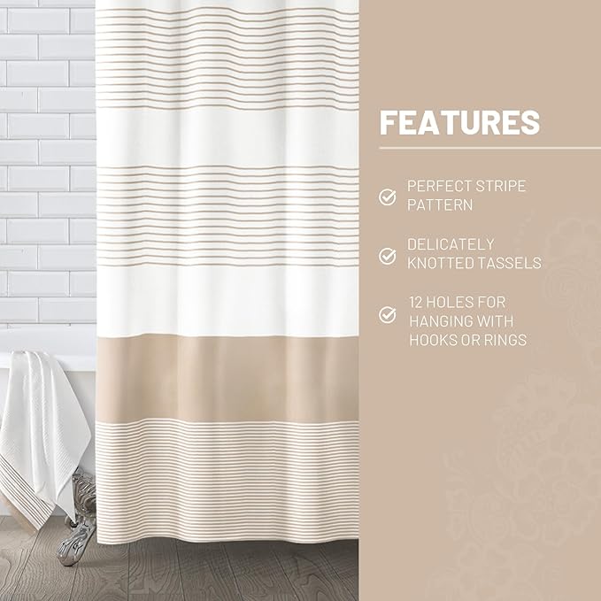 Awellife Boho Beige Shower Curtain for Bathroom Stripe Shower Curtain 72 X 72 Inches Farmhouse Cotton