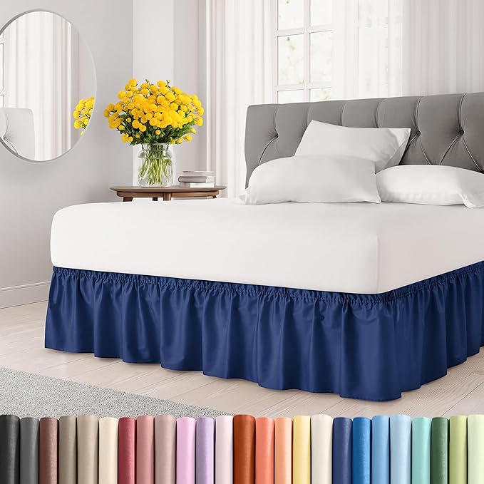 Wrap Around Dust Ruffle Bed Skirt - Navy Blue - for Twin Size Beds w/ 16 Inch Drop - Easy Fit Elastic Strap - Adjustable Pleated Bedskirt with Brushed Fabric, Wrinkle Free Women, Men, Kids and Teens