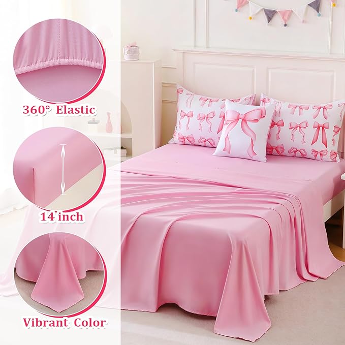 6 Pieces Twin Comforter Sets with Sheets Pink Bed in a Bag for Girls,Bow Comforter Set,Bow Twin Bedding Sets for Kids