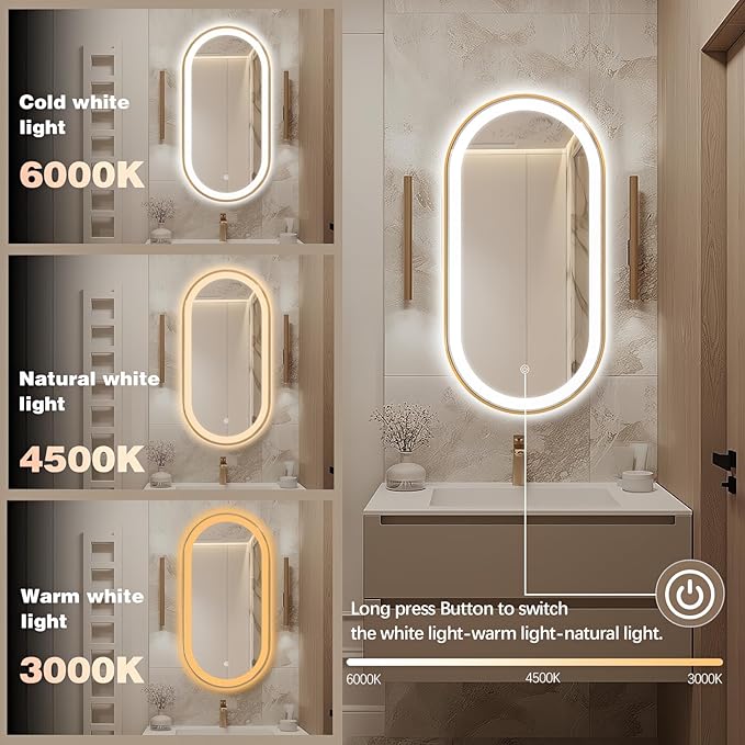 Oval LED Bathroom Mirror, 32"x20" Lighted Wall Mounted Vanity Mirror with Metal Frame, Anti-Fog IP66 Waterproof Smart Mirror, Memory Function, (Horizontal or Vertical), Gold