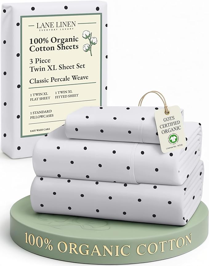 LANE LINEN 100% Organic Cotton Twin XL Sheets Set 3-Piece Pure Percale Bedsheets Bedding Breathable Fits Mattress Upto 15" Deep - Black Polka Dot