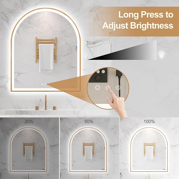 Arched LED Mirror for Bathroom 30"x36", Orange Gold LED Bathroom Mirror with Lights-Fogless, Dimmable, 3 Color Changing, Shatterproof, Touch Sensor