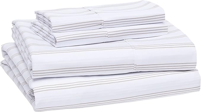 Amazon Basics Lightweight Super Soft Easy Care Microfiber 4 Piece Bed Sheet Set with 14-Inch Deep Pockets, Queen, Taupe Stripe, Striped