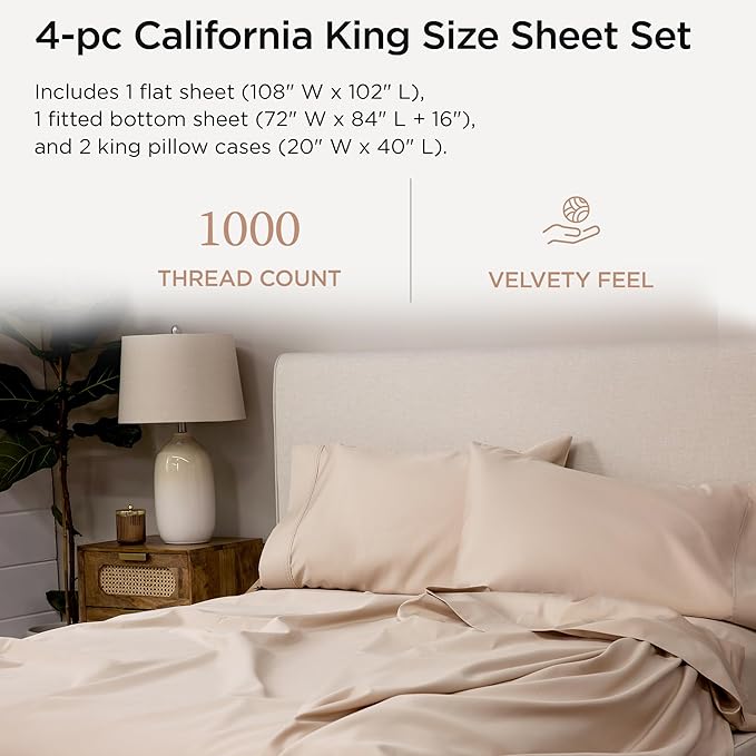 Threadmill Supima Cotton Sheets, 1000 Thread Count Soft 100% Cotton Sheets for Cal King Size Bed, 4 Pc Beige Cal King Bed Sheet Set, 5-Star Hotel Quality, Elasticized Deep Pocket Cal King Sheet