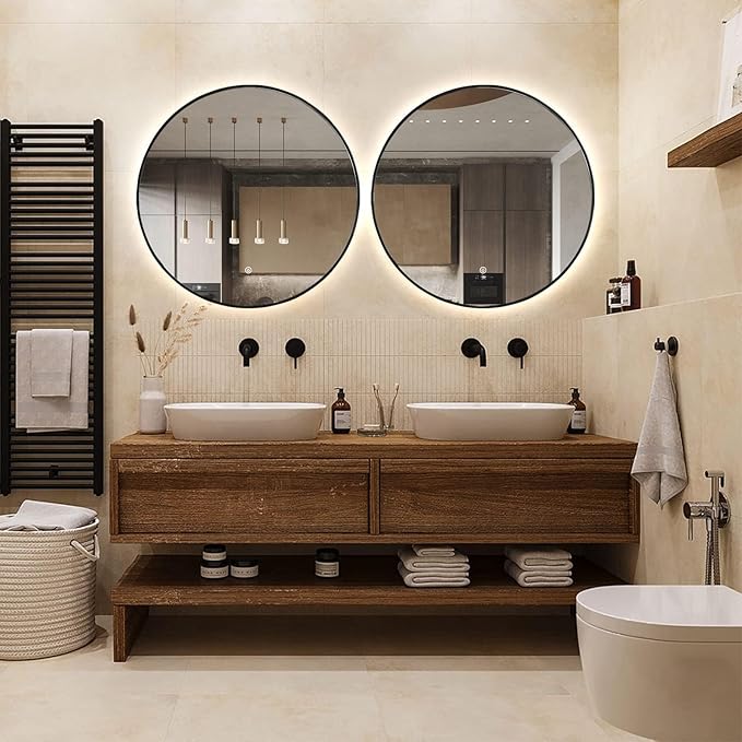Niccy 24" LED Backlit Round Mirror for Bathroom, Black Framed Vanity Light Wall Mirror LED Smart Circle Mirrors with 3 Lighting Colors, Dimmable Lighted Mirror with Anti-Fog, IP66 Waterproof
