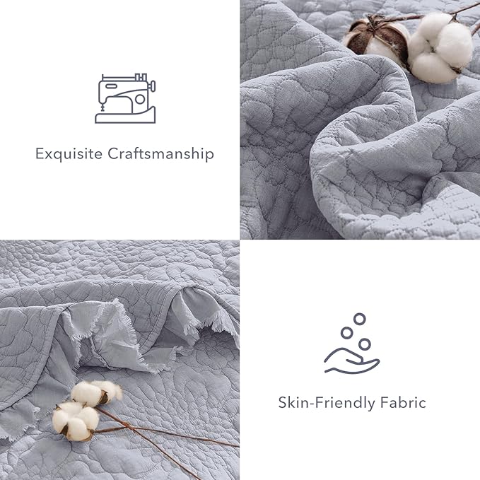 QSH 3PCs Cornflower Blue Ruffled Quilt Queen Size (90"x98"), Stonewashed Cotton Quilt Set, Soft Lightweight Crinkled Bedspread Coverlet Queen Shabby Farmhouse Chic Bedspreads Bed Set with Pillow Sham