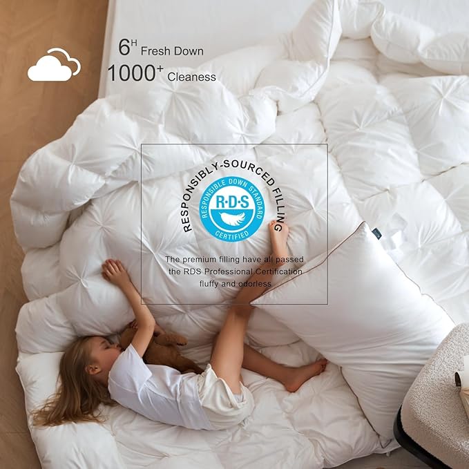 Royoliving Premium Pinch Pleat Feathers Down Comforter King Size White 100% Cotton Cover All Season Duvet Insert with Corner Tabs (106x90, 70 oz)