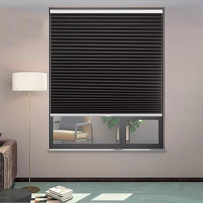 MYshade 1.5-Inch Cellular Cordless Blackout Shades,Thermal Insulating Noise Reducing Waterproof Blinds,Honeycomb Window Treatments for Indoor Light Control (Black-26 W x 64" H)