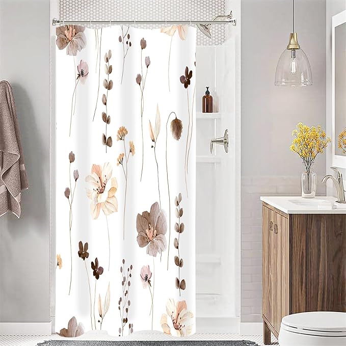 Gibelle Small Stall Shower Curtain 36 x 72, Narrow Half Watercolor Floral Fabric Shower Curtain, Brown Beige Flower Decorative Bathroom Shower Curtain Set with Hooks
