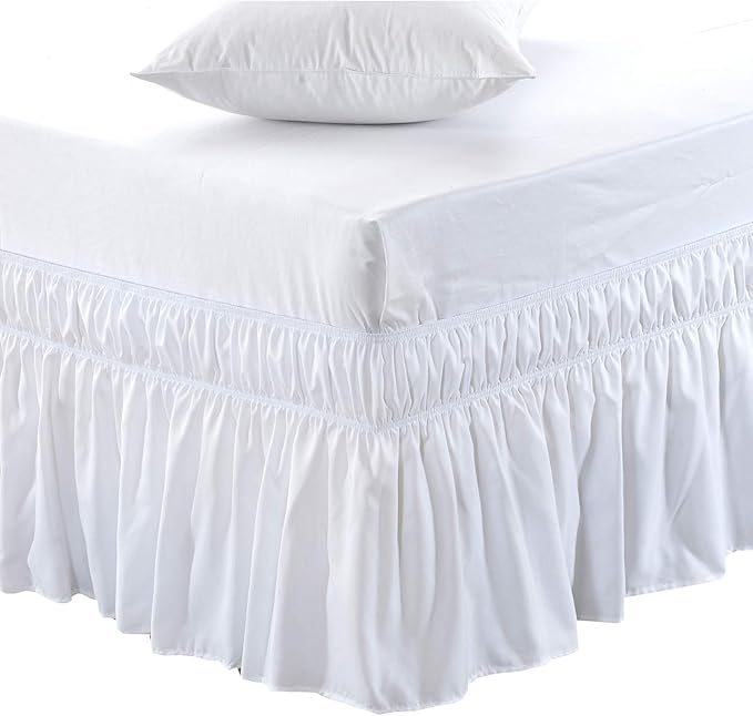 MEILA Wrap Around Bed Skirt Three Fabric Sides Elastic Dust Ruffled 14 Inch Tailored Drop,Easy to Install Fade Resistant-White, Twin/Full