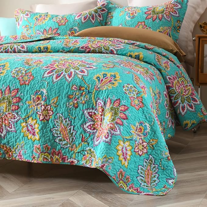 Cotton Bedspread Bedding Coverlet Quilt Sets, Reversible Vintage Branch Floral Bedspread comforters, (Vintage Turquoise Paisley Floral Pattern, Queen Size)