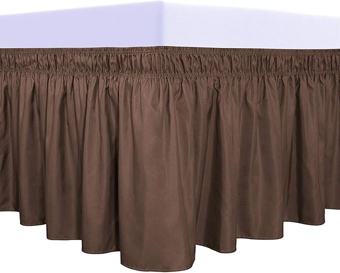 PureFit Wrap Around Ruffled Bed Skirt with Adjustable Elastic Belt - 14 Inch Drop Easy to Put On, Wrinkle Free Bedskirt Dust Ruffles, Bed Frame Cover for Queen, King and C-King Size Beds, Brown