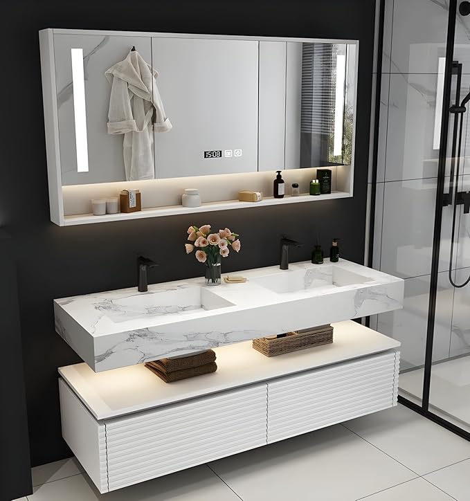60IN Bathroom Vanity with Double Sink, Modern Bathroom Vanity with LED Smart Defogging Mirror Cabinet and Open Shelf, Floating Bathroom Cabinet with Striped Double Drawers, Oak Material (White)