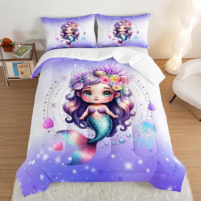 Cute Mermaid Pattern Full Comforter Set,Star Jellyfish Ocean Themed Bedding Sets for Kids Toddlers Girls Boys Room Decor,Princess Bedding with 2 Pillowcases.
