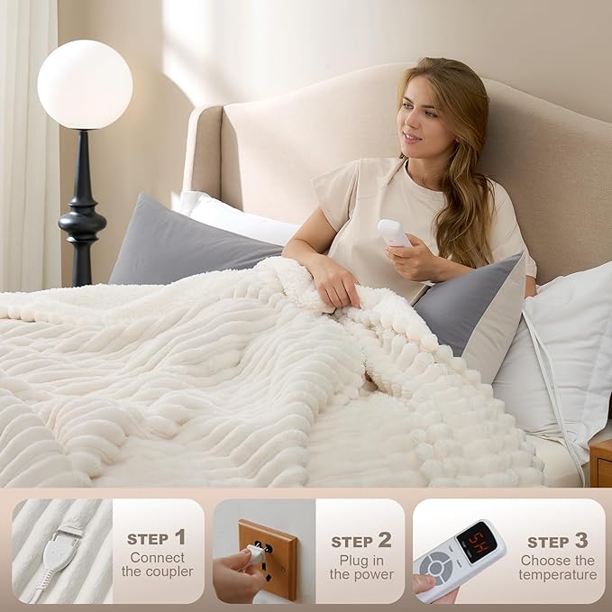 Hansleep Electric Heated Blanket Twin, Heating Blanket with 9 Heating Levels and 10-Hour Timer Auto Shut Off, Washable Soft Warm Winter Blanket, 62 x 84 Inches, Beige