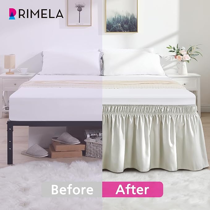 RIMELA Light Grey Bed Skirt Queen Size 15 Inch Drop, Wrap Around Elastic Bedskirt, Dust Ruffle for Adjustable Bed Base Machine Washable Easy to Install Bed Skirts