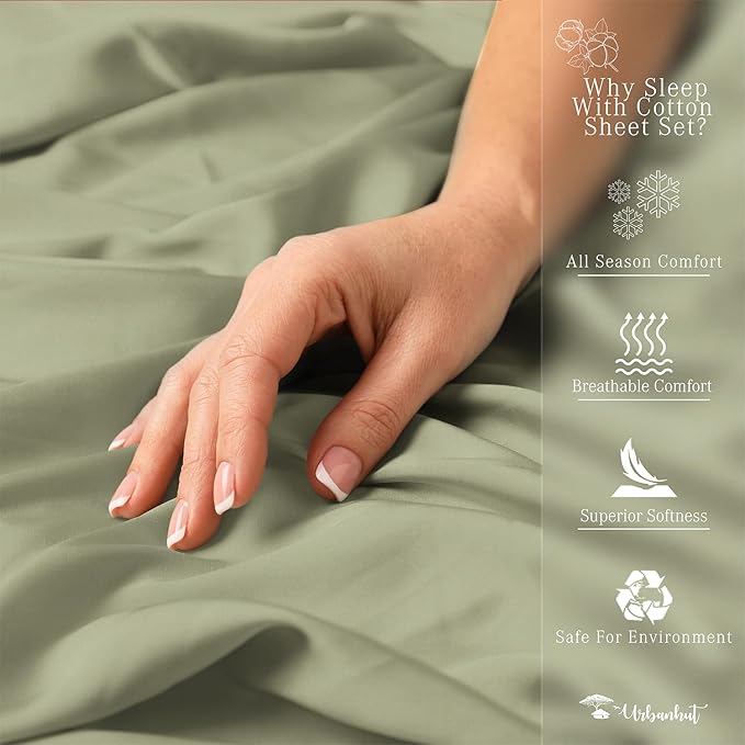 URBANHUT 1000 Thread Count Full Size Egyptian Cotton Sheets, Long Staple Soft & Breathable, 4 Pc Bed Sheet Sets, Sateen Finish Luxury Hotel Bedsheets Fits 16" Deep Pocket - Sage