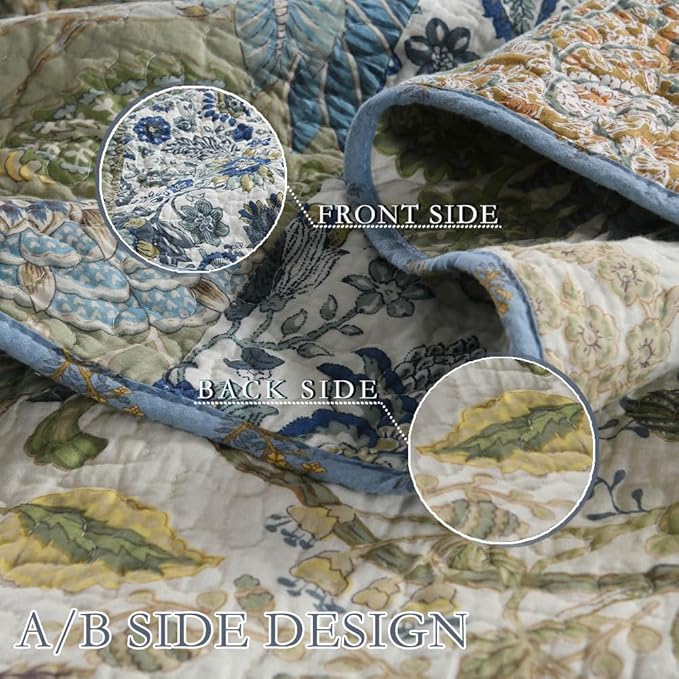 Cotton Bedspread Bedding Coverlet Quilt Sets, Reversible Vintage Branch Floral Bedspread comforters, (Rustic Sage Green Patchwork Pattern, King Size)