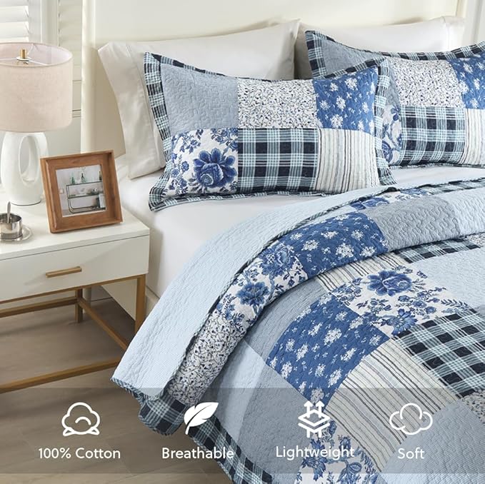Cotton Bedspread Quilt Bedding Sets 3 Pieces Reversible Coverlet Sets Comforters Rustic Floral Patchwork Blue White Bedspread, Queen Size