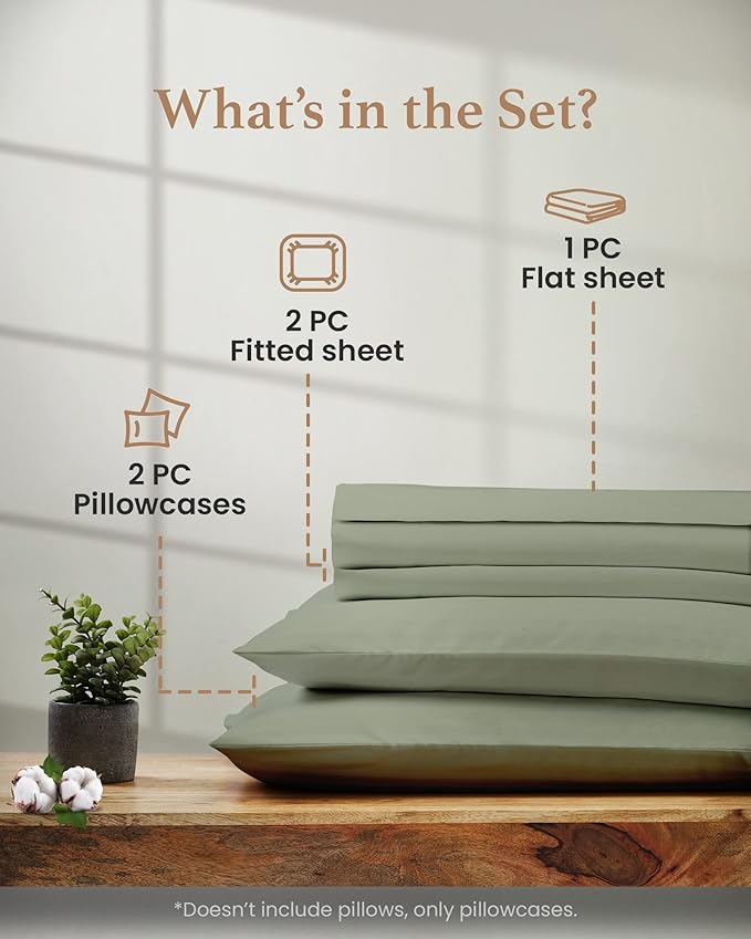Good Sleep Bedding Split King Sheets Set - 100% Cotton, Egyptian Cotton, 5 Piece Set, 2 Fitted - 16" Deep Pocket, Sateen, Sage