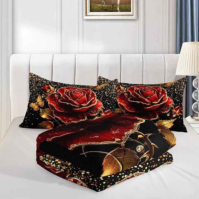 Gold Red Rose Comforter Set Twin Size,Golden Glitter Butterfly Pattern Bedding Set for Girls Women Couple Lover,Romantic Valentine's Day Floral Themed Bedding Set with 2 Pillowcases.
