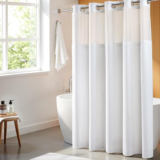River Dream Extra Long Shower Curtain Set, Cotton Blend, Waffle Weave, with Snap in Replacement Liner, White, 71 x 86 inches