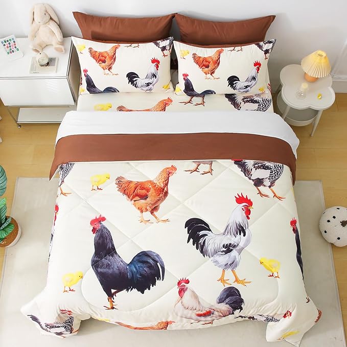 Wajade Chicken Comforter Set 7 Pcs Animal Theme Bedding Set Twin Size for Kids Adults Chicken Quilt Farm Theme Printed Pattern for Thanksgiving Birthday