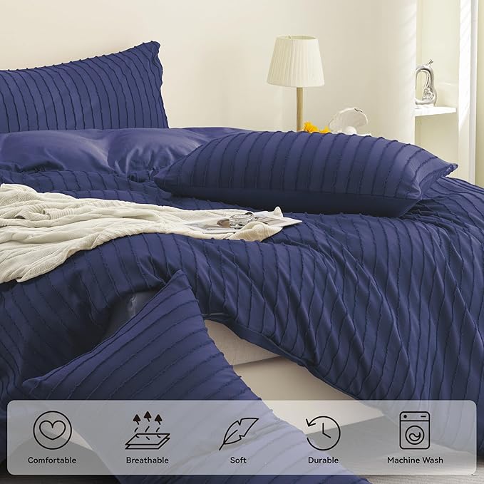 JELLYMONI Duvet Cover Full Size Navy Blue - 3PCS Boho Striped Duvet Cover Set Polyester Tufted Bohemian Textured Comforter Cover 80×90in with Corner Ties & Zipper and 2 Pillowcases