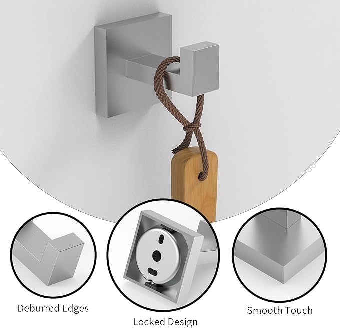 Ruacq Towel Hooks for Bathrooms, 2pcs Square Base Robe Coat Clothes Hook Wall Mount, SUS 304 Stainless Steel Wall Hooks for Hanging, Heavy Duty(Brushed Nickel)