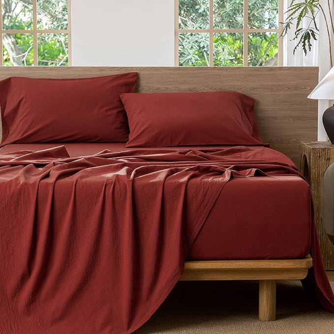 MooMee Bedding Sheet Set 100% Washed Cotton Linen Like Textured Breathable Durable Soft Comfy (Solid Fired Brick Red, King)