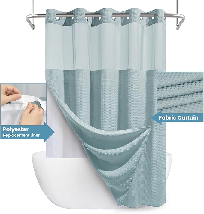 Fog Blue No Hook Shower Curtain with Snap in Liner,230GSM Waffle Weave Shower Curtains for Bathroom,71W x 74H
