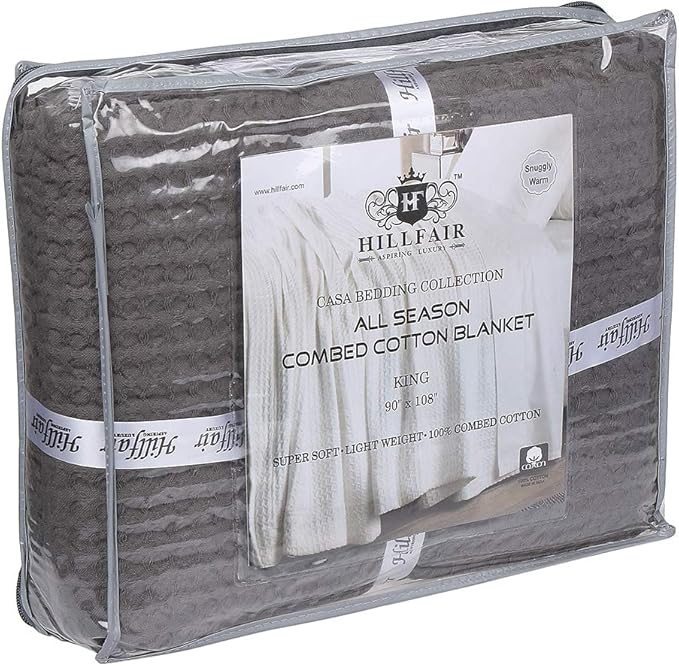 HILLFAIR 100% Combed Cotton Blanket– Twin XL Size Bed Blankets– Warm Soft All Season Breathable Lightweight Summer Blankets– Waffle Weave Home Decor Bed Blanket- Grey Bed Cotton Blankets/Bedcovers