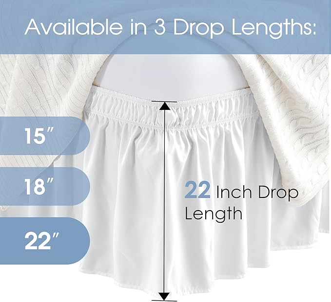 FreshCulture Twin Bed Skirt, Elastic Wrap Around Bed Skirt Twin Size, Bed Skirts for Adjustable Bed, Easy Fit with 22 Inch Drop Length, Hotel Quality Dust Ruffle for Twin Bed (White)