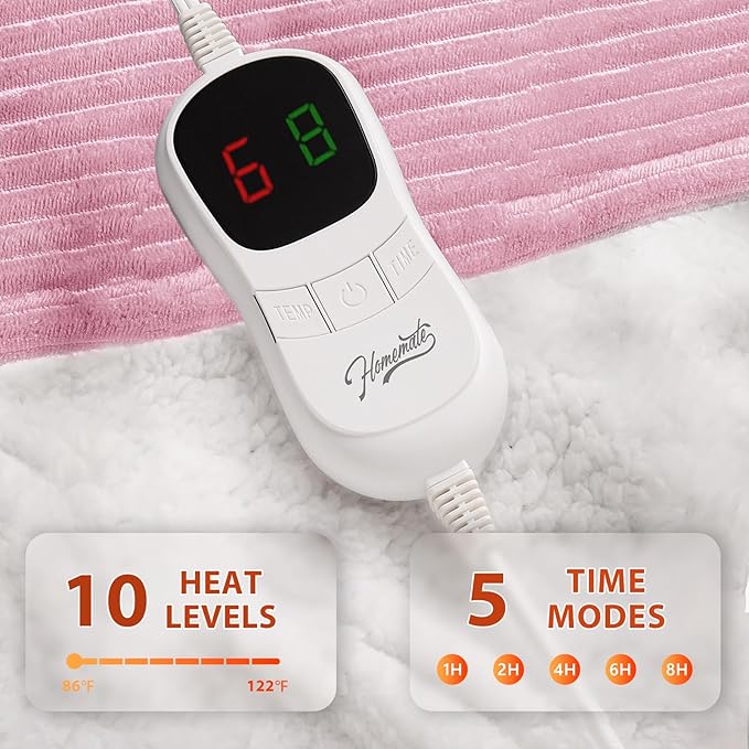 Homemate Heated Blanket Electric Throw - 50"x60" Heating Blanket Throw 1/2/4/6/8 Hours Auto-Off 10 Heat Levels Over-Heat Protection Soft Flannel Sherpa ETL Certification