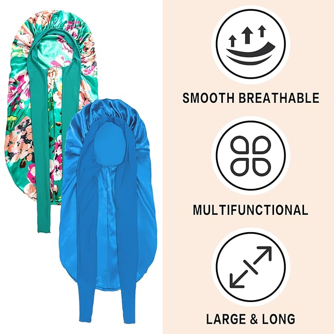 2Pcs Bonnets for Black Women Braid Bonnet, Large Long Satin Silk Bonnet for Braids,Black Women Braid Bonnet with Stretchy Tie Band for Sleeping Extra Long (Blue&Printing Flower) Purple