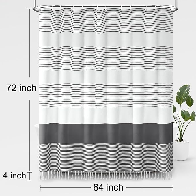 Awellife Gray Shower Curtain for Bathroom Stripe Tassel Shower Curtain 84 X 72 Farmhouse Cotton Boho Dark Grey