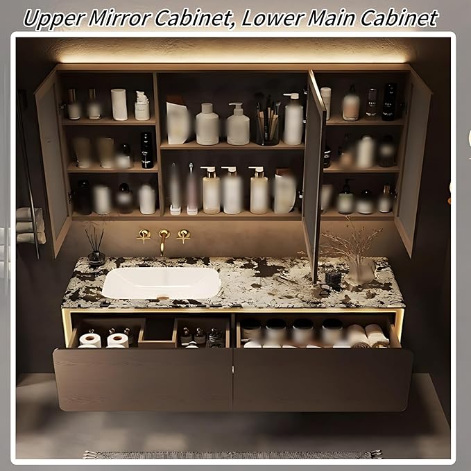 62IN Bathroom Vanity Set with a Single Sink - Embedded Sensor Light Strip & Large Capacity Floating Cabinet | Modern Bathroom Vanities with Defogging Mirror Surface & LED Lighting (Mirror Cabinet)