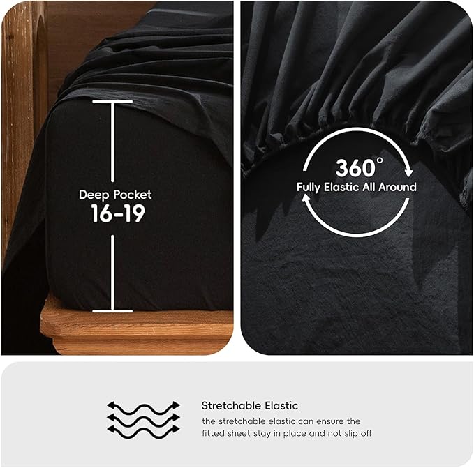 MooMee Bedding Sheet Set 100% Washed Cotton Linen Like Textured Breathable Durable Soft Comfy (Solid Black, Twin)