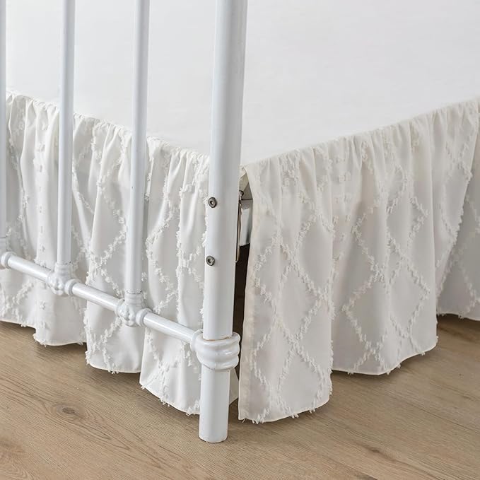 Bed Skirt Twin Size Ruffled Bed Skirt with Split Corners, 16 Inch Drop Dust Ruffle Bed Skirts with Platform, Boho Tufted Shabby Chic Twin Size Bed Skirts, Ivory