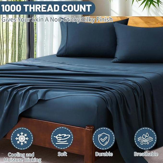 Extra Deep Pocket California King Sheets 18-24 Inch 1000 Thread Count 100% Egyptian Cotton Sateen Weave Soft Breathable 4 Pieces（California King,Navy）