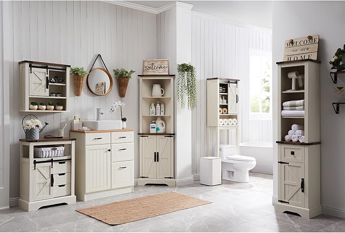 RedLemon Farmhouse Over The Toilet Storage Cabinet Set of 2, 68" Tall with Sliding Barn Doors & Adjustable Shelves, Rustic Above Toilet Storage Cabinet, Antique White