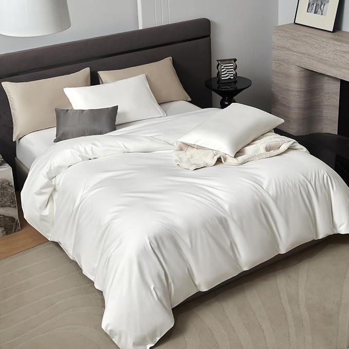 PURE ERA Duvet Cover Set 800 Thread Count Long Staple Cotton Sateen Silky Soft Luxurious Smooth 3 Piece Set Solid White Queen