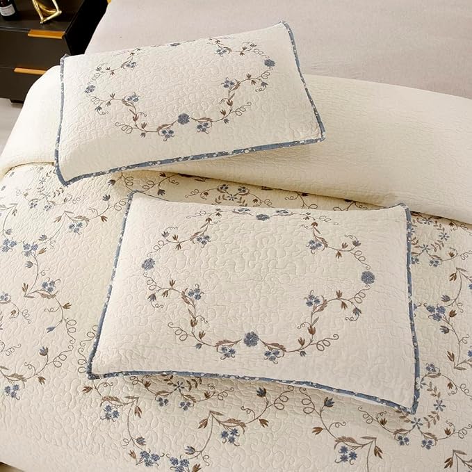 vctops 3-Piece 100% Cotton Bedspread Coverlet Set King Size Elegant Floral Embroidered Reversible Patchwork 1 Quilt and 2 Pillow Shams (Flower B,King)