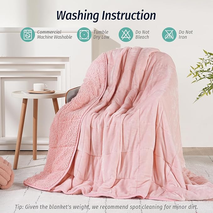Wemore Sherpa Fleece Weighted Blanket for Adult, 20 lbs Dual Sided Cozy Fluffy Heavy Blanket, Ultra Fuzzy Throw Blanket with Soft Plush Flannel Top, 60 x 80 inches Pink on Both Sides